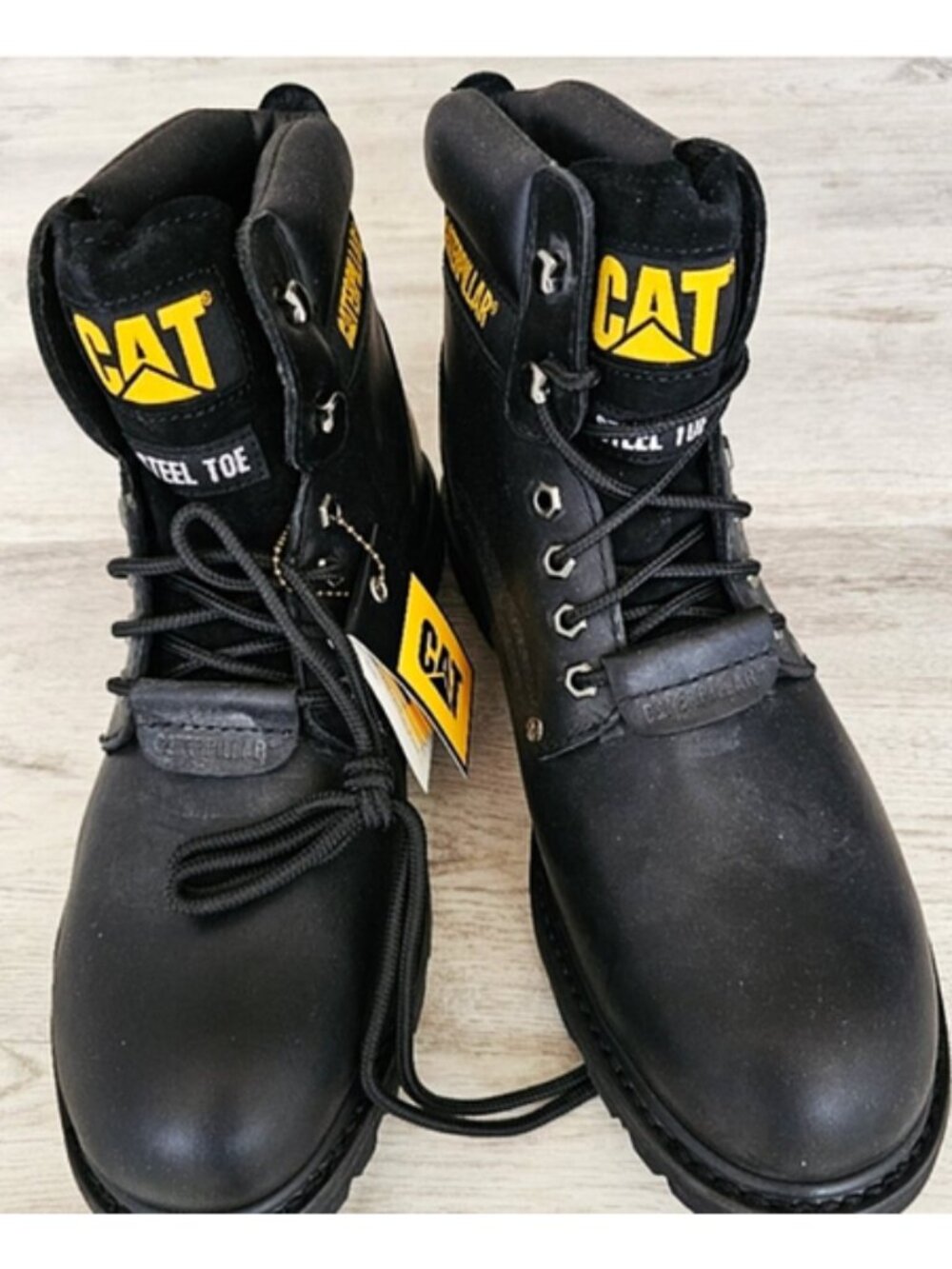 Cat Leather Black Steel Toe Boots size 11